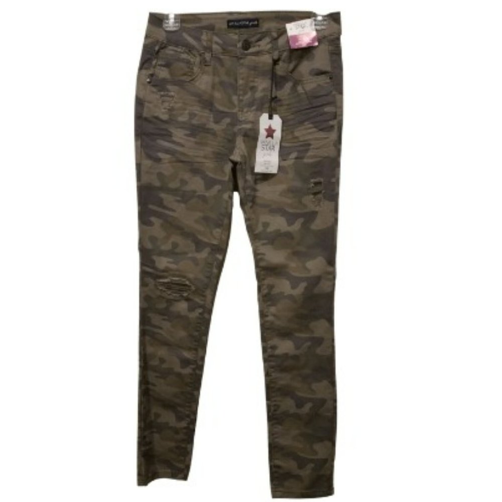 NEW-Vanilla Star Girls Ripped Camo-Print Skinny Mid Rise Jeans Size 14